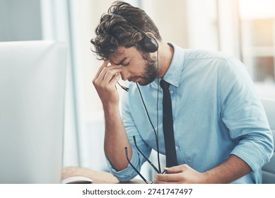 Computer, headache or man with headset in call center, troubleshooting failure or client system glitch. Customer care stress, migraine or agent with tech support problem, help desk or hotline crisis