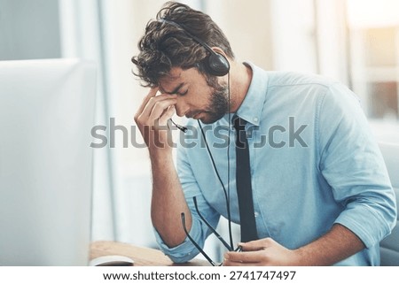 Computer, headache or man with headset in call center, troubleshooting failure or client system glitch. Customer care stress, migraine or agent with tech support problem, help desk or hotline crisis