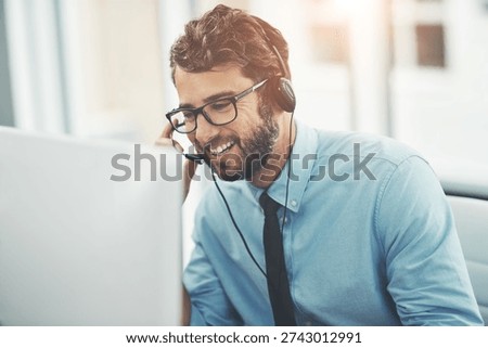 Computer, headset and happy man in call center for networking, customer support and sales pitch. Lead generation, contact or employee with tech for telemarketing, client assurance or building rapport