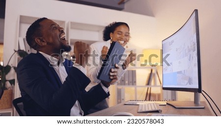 Computer, high five celebration or black people excited for financial growth, finance success or profit. Cooperation achievement, winner cheers or teamwork administration happy for revenue statistics