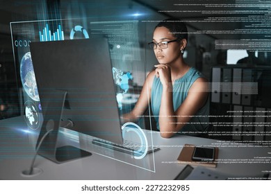 Computer hologram hud, thinking and woman review data analysis of earth communication, world networking or chart. Future night overlay, planet ui hud or African person work on global network software