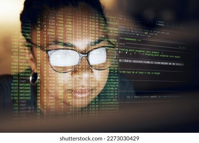 Computer hologram, script and woman programming software server or coding future cybersecurity. Night programmer face, virtual cloud computing script or African coder reading machine learning ai code