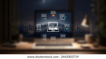 computer hologram surrounded by documents with graphics. concept organization and search of business files