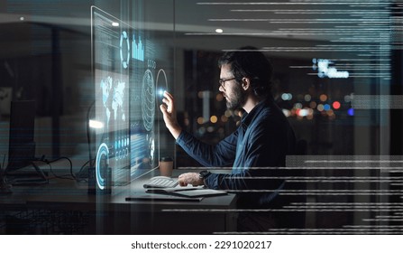 Computer, hologram and touchscreen of business man with data analysis, digital coding and programming at night. holographic, software overlay of IT person, information technology research and desktop - Powered by Shutterstock