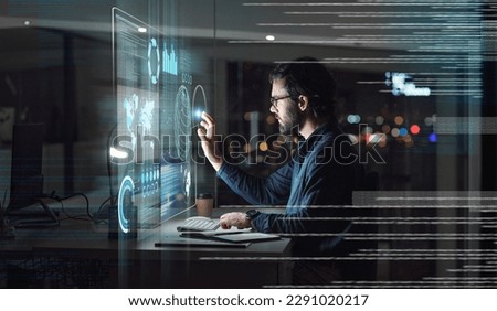 Computer, hologram and touchscreen of business man with data analysis, digital coding and programming at night. holographic, software overlay of IT person, information technology research and desktop