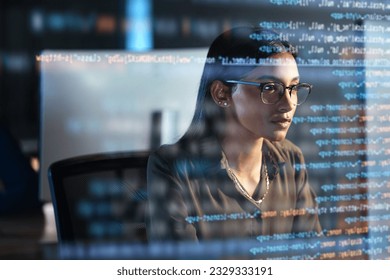 Computer, hologram and woman coding for data analysis, information technology overlay and night html. Programmer or IT person in glasses reading software script, programming or cybersecurity research - Powered by Shutterstock