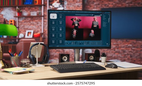 Computer in home office showing program converting text prompts into photo output, close up. Text to image generative models AI tech software on computer display in apartment, handheld camera shot