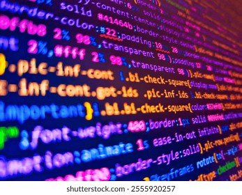 Computer html code on screen. Virus in program code. Binary code superimposed on a circuit board. Developer work. 
