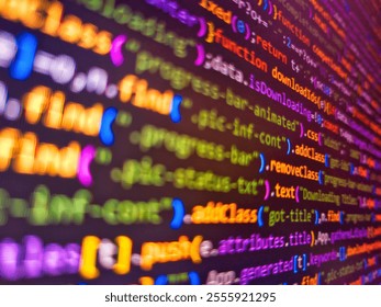 Computer html code on screen. Technology display. Programming code with black background. Jquery code background. Stock exchange graph chart analysis global financial statistic data.