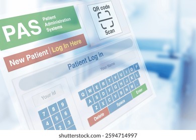 Computer interface for patient management systems for hospital admissions with patient ward on background.