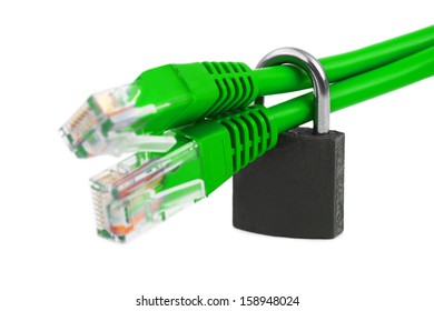 Computer internet cable and lock isolated on white background