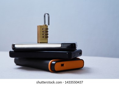 Computer or internet security. Data protection concept: external hard drive and lock