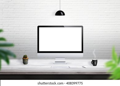 Computer isolated white display for mockup. Computer, plant, coffee, keyboard, mouse on desk. - Shutterstock ID 408399775