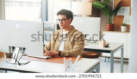 Computer, journalist and man typing in creative agency, draft planning and research for feature. Online publication, editing article or writer with ideas for news story improvement, fact check and pc