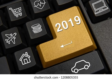 Computer Keyboard And 2019 New Year's Wish Concept.