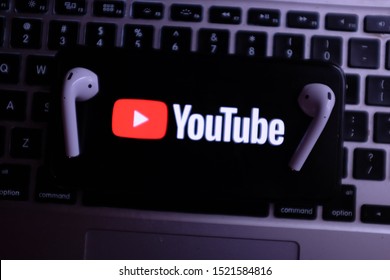 Computer Keyboard, Airpods 2 And Iphone 11 Pro With The YouTube Logo Which Is A Website Dedicated To Sharing Videos. United States, New York, Thursday, October 3, 2019.