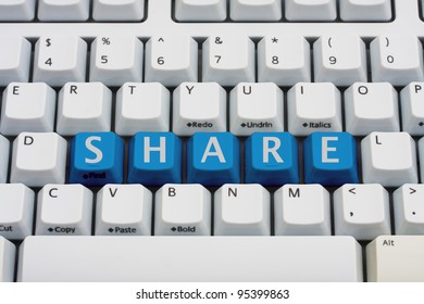 A computer keyboard with blue keys spelling share, Sharing your information