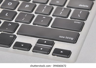 The computer keyboard button written word now hiring .