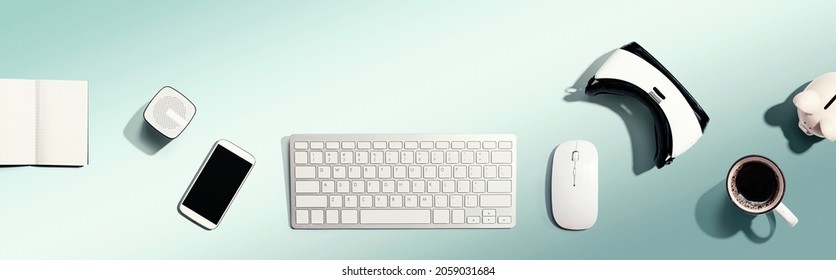 Computer Keyboard With Digital Devices - Flat Lay