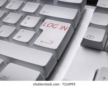 Computer keyboard with LOG IN enter key.