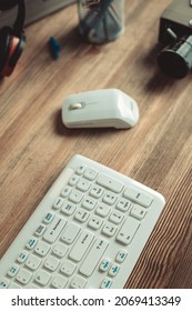 Computer keyboard and mouse at desk table. Art creative study workplace