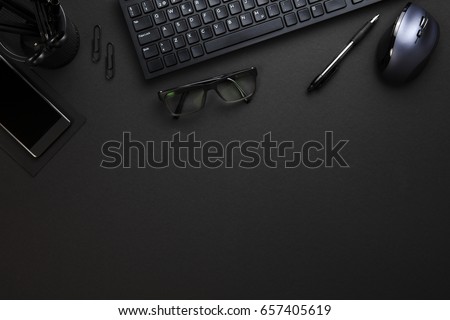 Computer Keyboard And Mouse With Office Supplies On Gray Desk