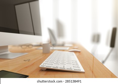 Computer And Keyboard On A Office Table, Shallow Depth Of Field