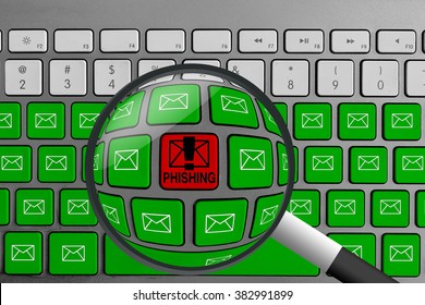 Computer keyboard with red phishing button surrounded with green email buttons and magnifying glass