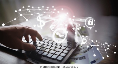 Computer keyboard and a scattering of 100 euro bills on the table. The work of a programmer and blogger on Internet.