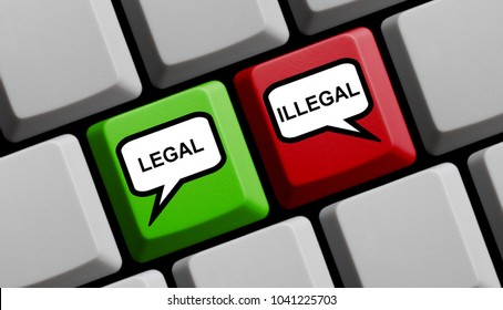 Computertastatur mit Sprechblasen-Symbolen auf rotem und grünem Schlüssel, die Legal oder Illegal anzeigen