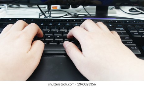 computer keyboard typing, work in office, black moniter