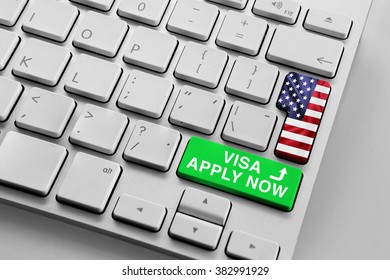 Computer Keyboard With U.s Flag And Apply Now For Visa Button