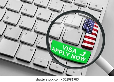 Computer Keyboard With U.s Flag And Apply Now For Visa Button And Magnifying Glass