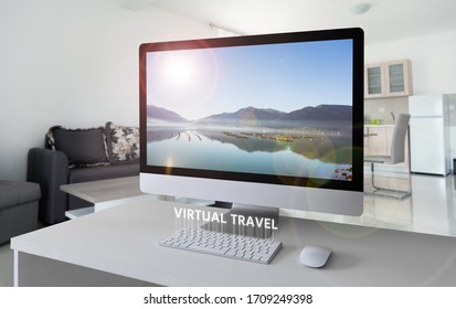 Computer with a landscape on the screen. Virtual travel