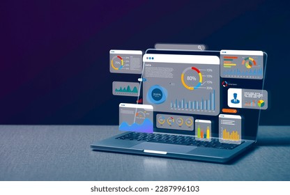 Computer laptop and dashboard for data business analysis and Data Management System with KPI and metrics connected to the database for technology finance, operations, sales, marketing - Shutterstock ID 2287996103