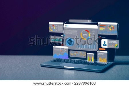 Computer laptop and dashboard for data business analysis and Data Management System with KPI and metrics connected to the database for technology finance, operations, sales, marketing