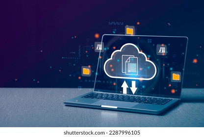Computer laptop and dashboard for Data document Management System on cloud online documentation database and digital file storage system or software, records keeping, database technology, file access
