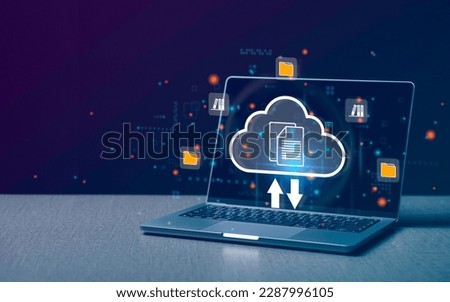 Computer laptop and dashboard for Data document Management System on cloud online documentation database and digital file storage system or software, records keeping, database technology, file access