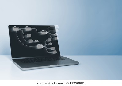 Computer laptop and data Document Management System (DMS) icon with cloud online documentation database and digital file storage system or software, records keeping, database technology, file access.