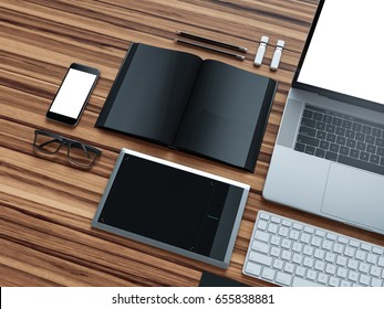 Computer, laptop, digital tablet, mobile phone, virtual headset and newspaper on wooden table. IT concept .