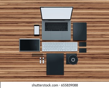 Computer, laptop, digital tablet, mobile phone, virtual headset and newspaper on wooden table. IT concept .