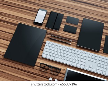 Computer, laptop, digital tablet, mobile phone, virtual headset and newspaper on wooden table. IT concept .