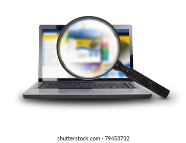 A Computer Laptop Is Isolated On A  White Background With A Magnifying Glass Searching The Internet.