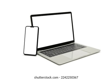 Computer, laptop and smartphone, display. on white background workspace mock up design. 