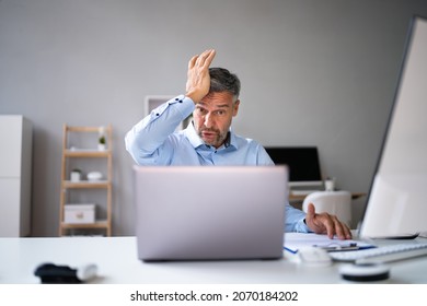 Computer Laptop Surprise At Workplace. Mature Man Forgot Password - Shutterstock ID 2070184202