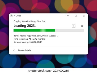 Computer loading bar to Happy New Year 2023 on colorful lights background. PC copying wishes of Health, Happiness, Love, Peace and Success like items to new Year 2023.