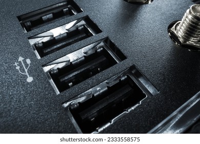 Computer Machine USB Port Close Up. Universal Serial Bus Ports.