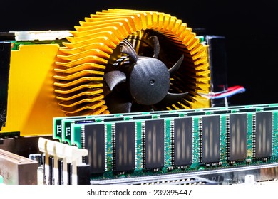 Computer mainboard macro view, details and sockets