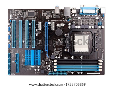 computer mainboard or motherboard with blue cpu sockets of a pc isolated on white background. pc hardware concept