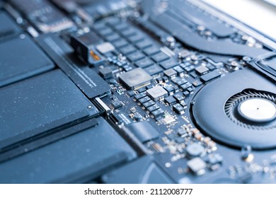 Computer Maintenance. Pc Technician Repair Service With Laptop On Hardware Background. Maintenance Engineer Support. Electronic Technology Development Concept